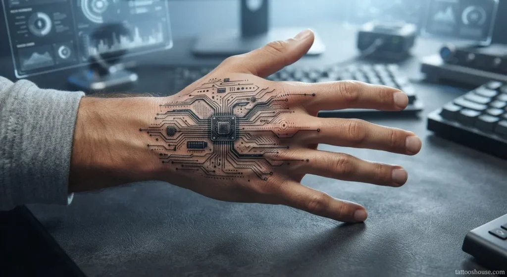 Detailed circuitry hand tattoo for men with microchip patterns on tan skin by tattooshouse.com