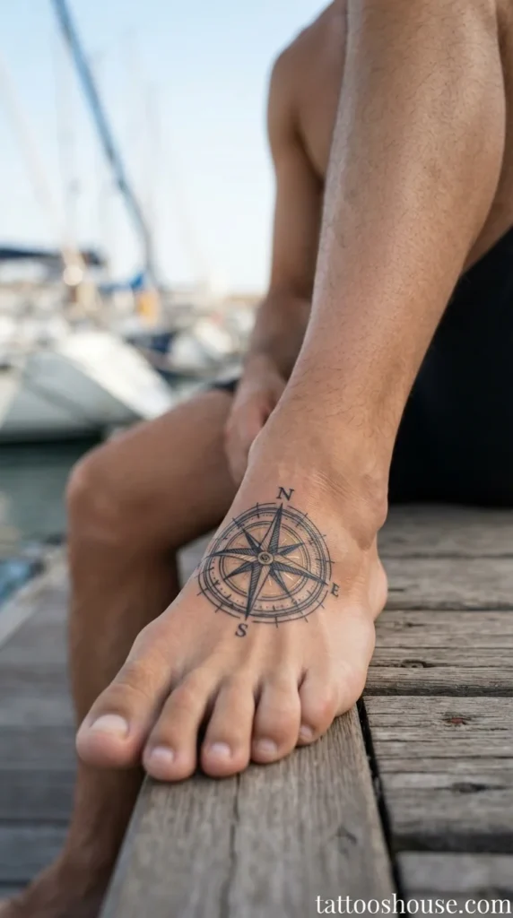 Black and gold compass foot tattoo for men with fine line details by tattooshouse.com