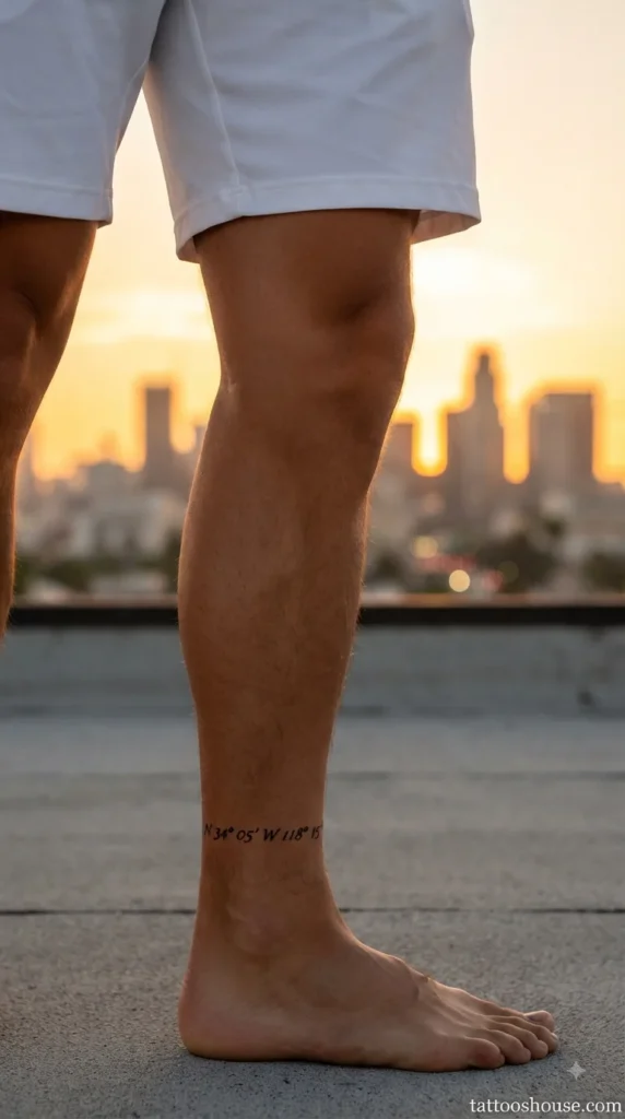 Coordinates ankle tattoo for men in black fine line script on inner ankle by tattooshouse.com