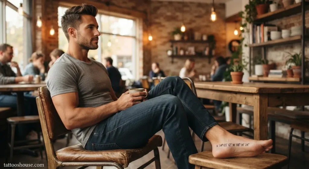 Coordinates side foot tattoo for men on tan skin medium shot by tattooshouse.com