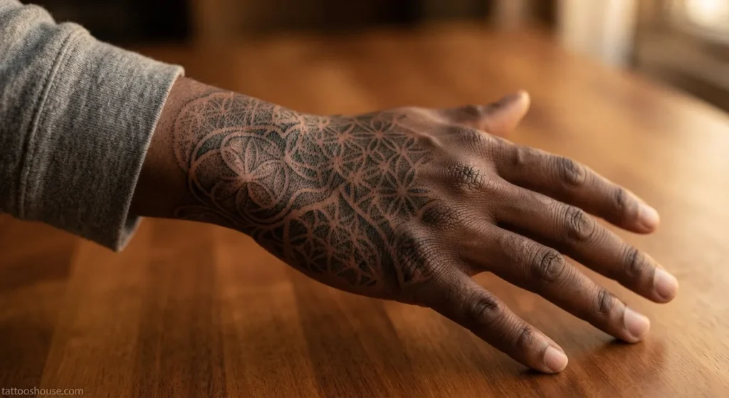 Intricate dotwork side hand tattoo for men on dark brown skin medium shot by tattooshouse.com