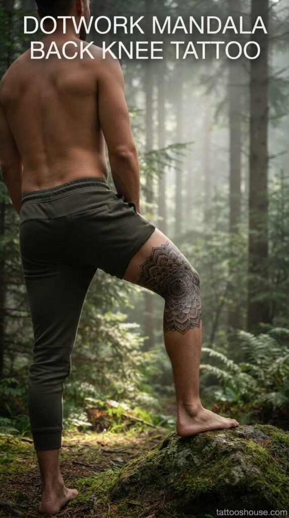 Dotwork mandala back of knee tattoo for men on tan leg in forest by tattooshouse.com