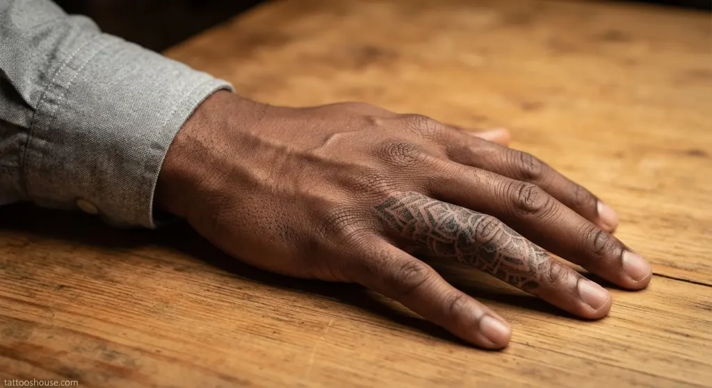 Intricate dotwork side finger tattoo for men on dark brown skin medium shot by tattooshouse.com