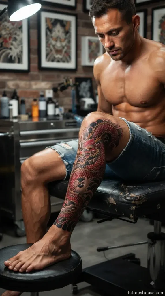 Red and gold Japanese dragon shin tattoo for men descending along bent leg by tattooshouse.com