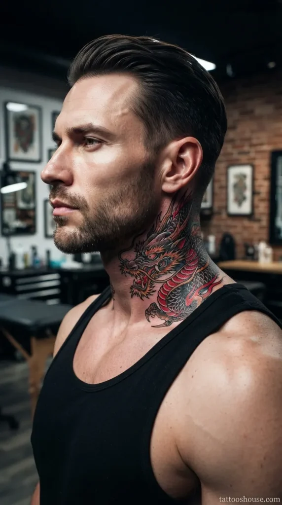 Bold Japanese dragon side neck tattoo for men in red and gold on pale skin close-up by tattooshouse.com