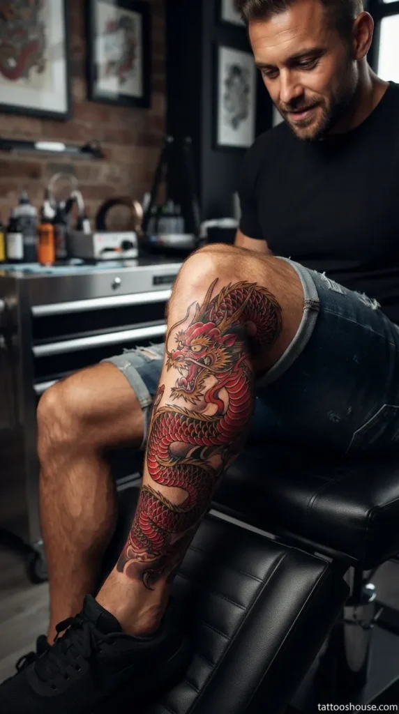 Red and gold Japanese dragon calf tattoo for men wrapping around leg with detailed scales on bent leg by tattooshouse.com