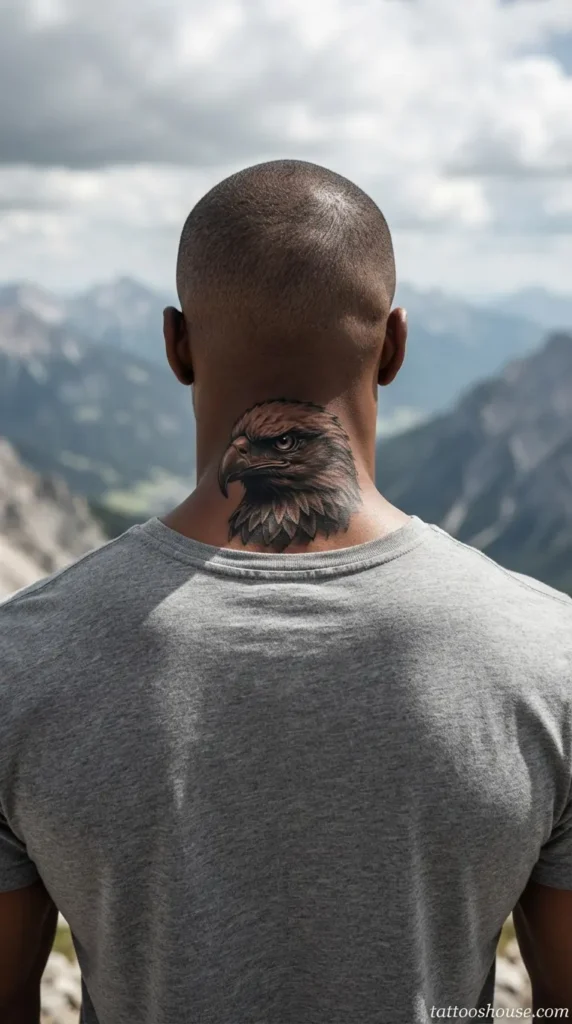 Bold eagle head back neck tattoo for men in black and brown on dark skin by tattooshouse.com