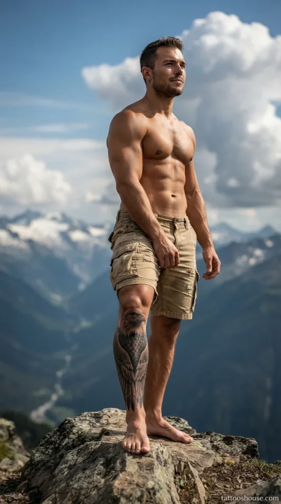 Brown and black eagle shin tattoo for men with spread wings on mountain by tattooshouse.com