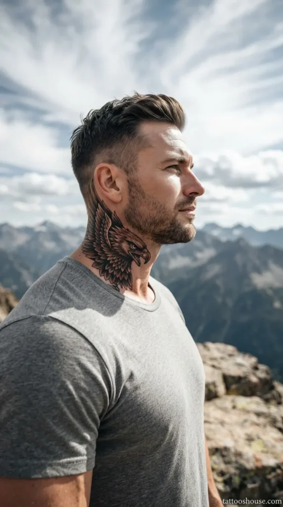 Bold eagle side neck tattoo for men in brown and black on mountain by tattooshouse.com
