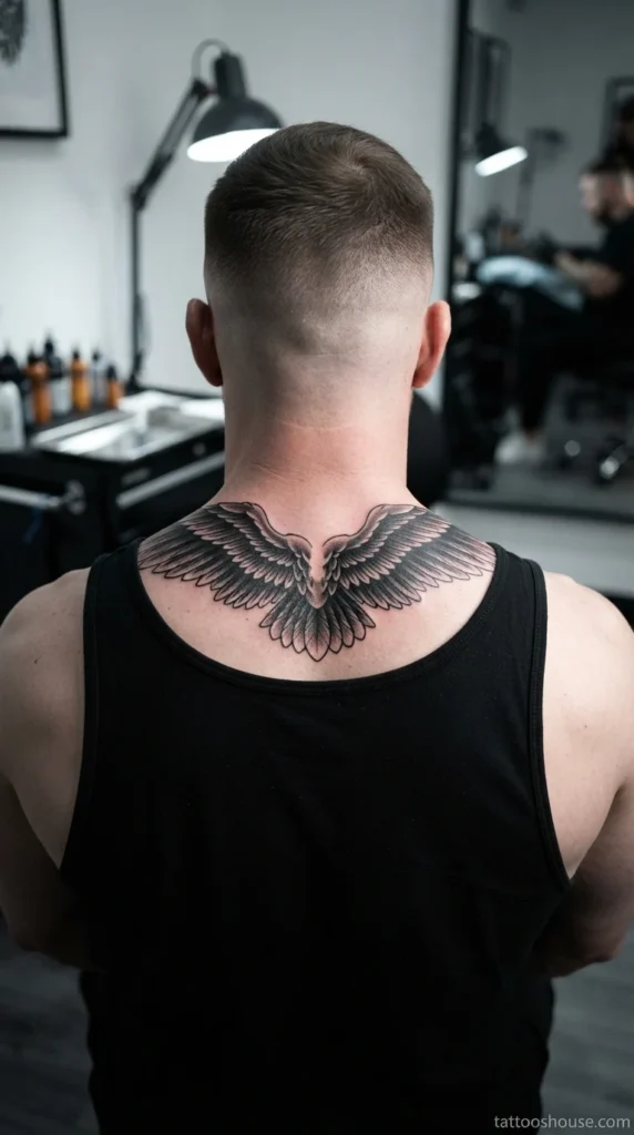 Bold eagle wings back neck tattoo for men in black and grey on pale skin close-up by tattooshouse.com