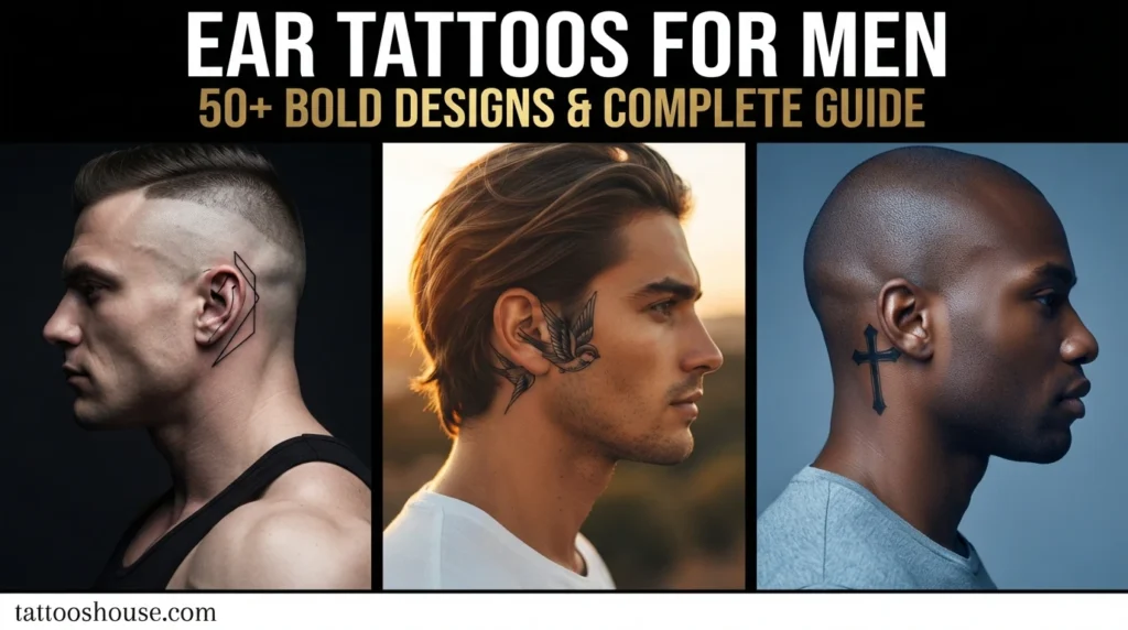 Ear tattoos for men featuring three styles – geometric line, sparrow, and cross on different side profiles by tattooshouse.com