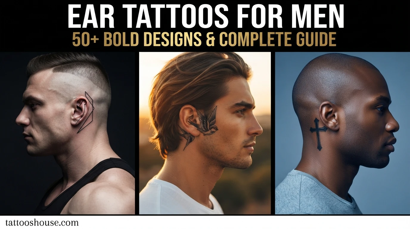 Ear tattoos for men featuring three styles – geometric line, sparrow, and cross on different side profiles by tattooshouse.com
