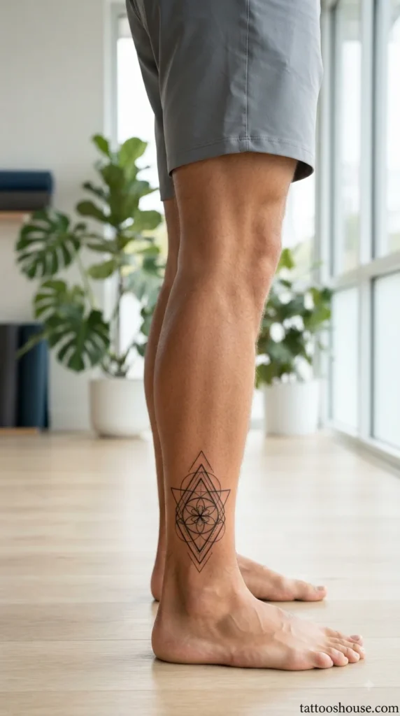 Black fine line geometric ankle tattoo for men with precise patterns close-up by tattooshouse.com