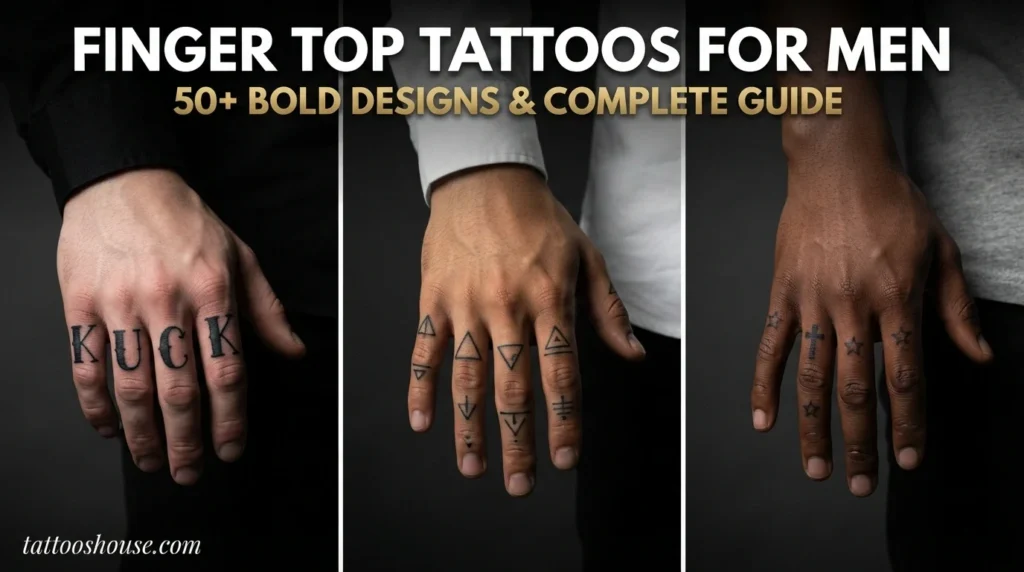 Finger top tattoos for men featuring three styles – knuckle lettering, geometric symbols, and cross with stars on different hands by tattooshouse.com