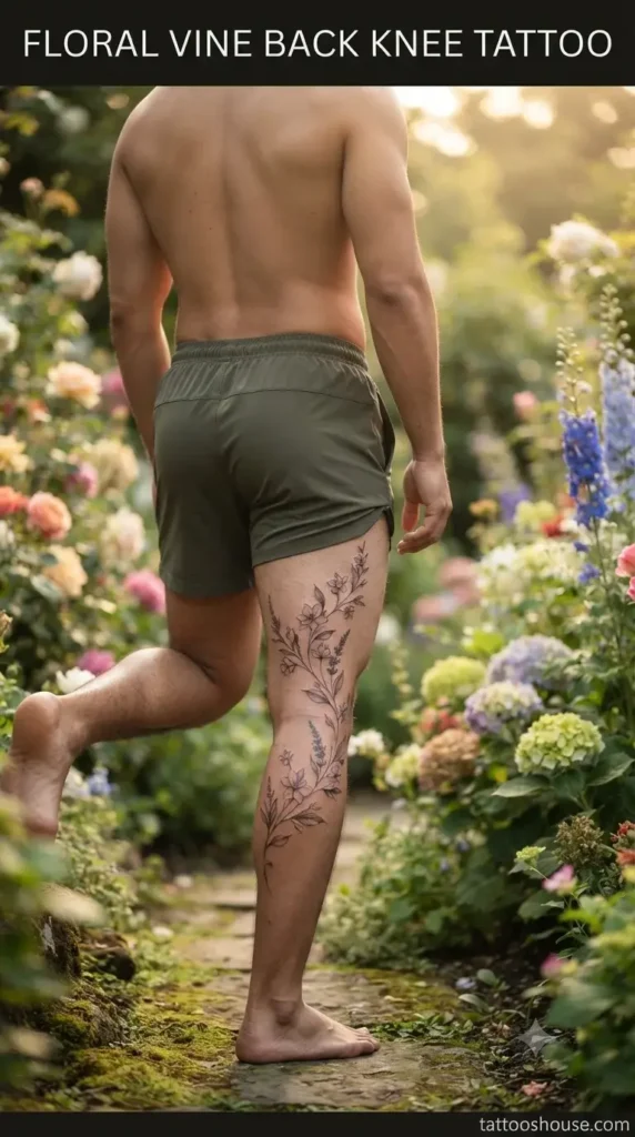 Floral vine back of knee tattoo for men on olive leg in garden by tattooshouse.com
