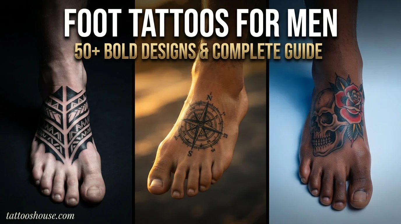 Foot tattoos for men featuring three styles – tribal, compass, and skull with rose on different feet by tattooshouse.com