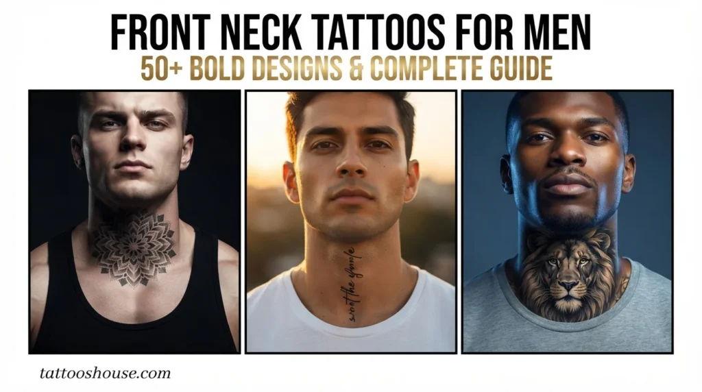 Front neck tattoos for men featuring three styles – geometric mandala, script, and lion on different front necks by tattooshouse.com