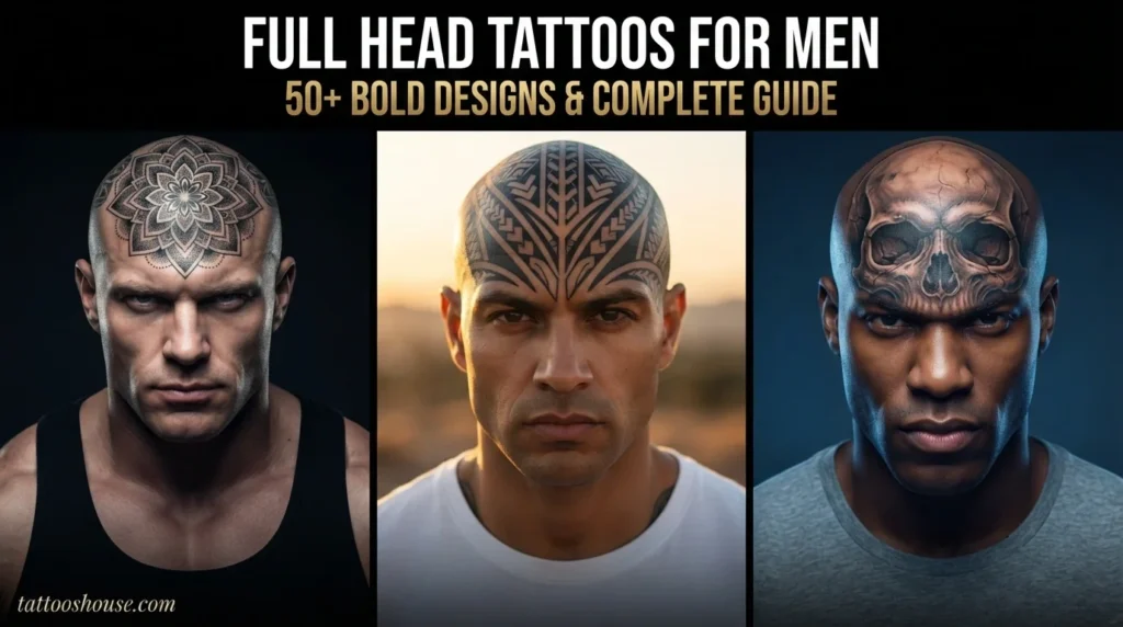Full head tattoos for men featuring three styles – geometric mandala, tribal, and skull on different shaved heads by tattooshouse.com