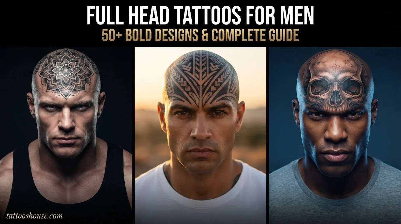 Full head tattoos for men featuring three styles – geometric mandala, tribal, and skull on different shaved heads by tattooshouse.com