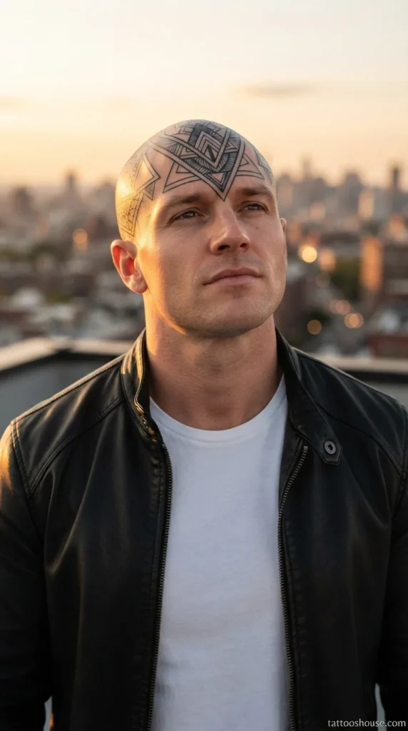 Black geometric full head tattoo for men with clean lines on urban rooftop by tattooshouse.com