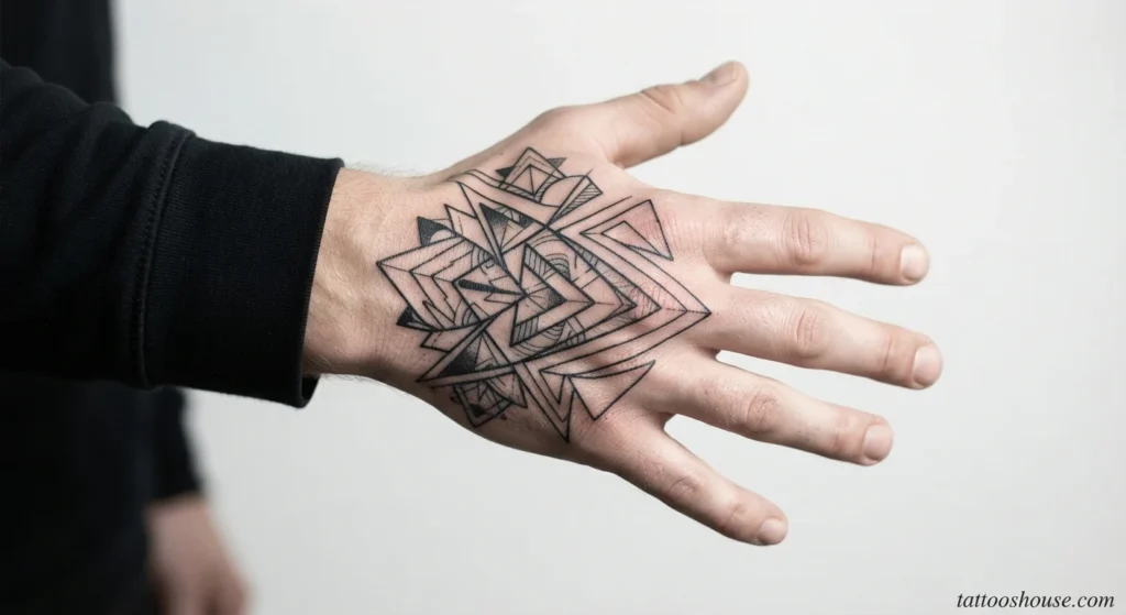 Black geometric hand tattoo for men with clean lines on pale skin close-up by tattooshouse.com