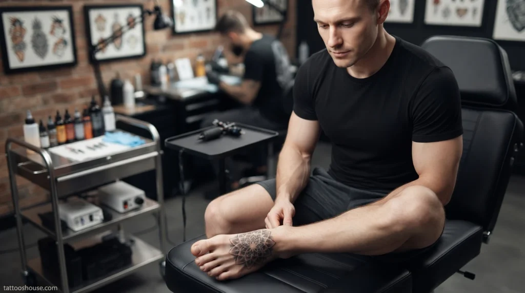 Geometric mandala top of foot tattoo for men on pale skin medium shot by tattooshouse.com