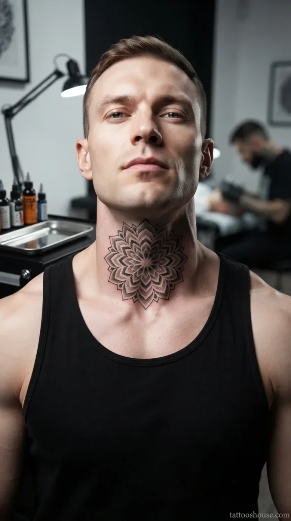Black geometric mandala front neck tattoo for men with intricate dotwork on pale skin close-up by tattooshouse.com
