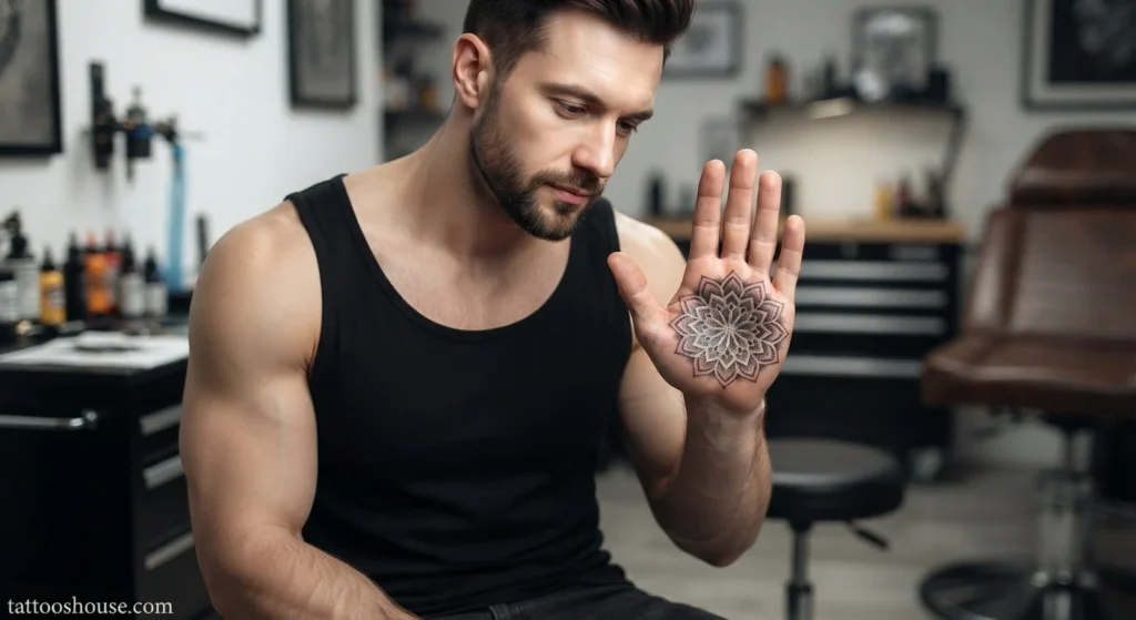 Geometric mandala palm tattoo for men on pale skin medium shot by tattooshouse.com