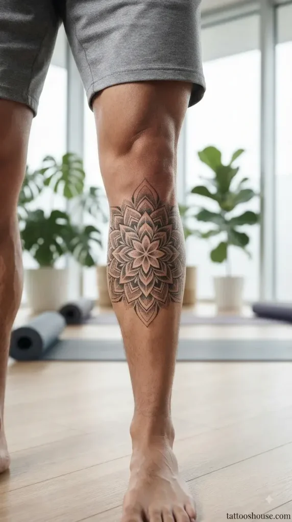 Black geometric mandala shin tattoo for men with dotwork close-up by tattooshouse.com