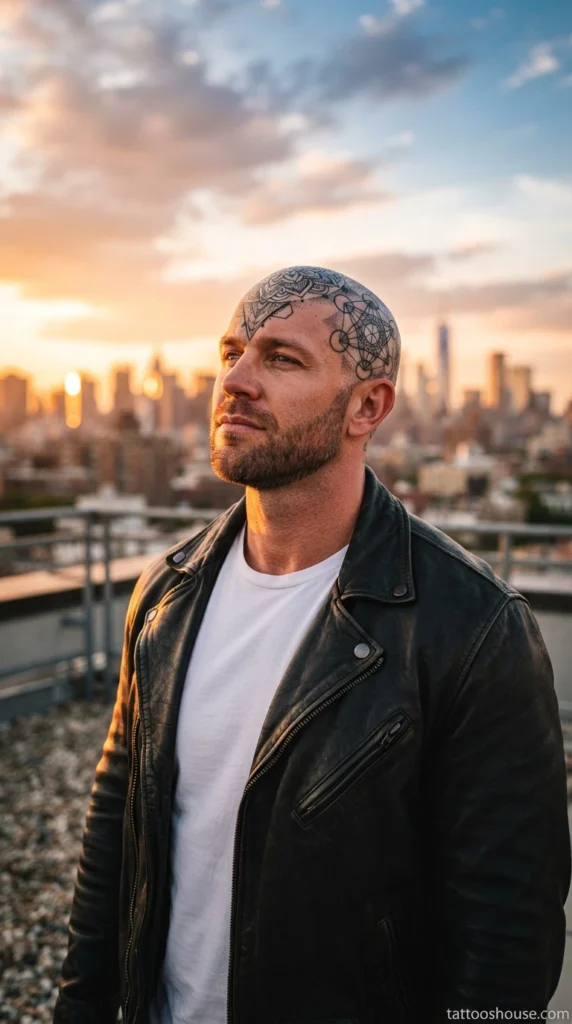 Black geometric scalp tattoo for men with clean lines on urban rooftop by tattooshouse.com