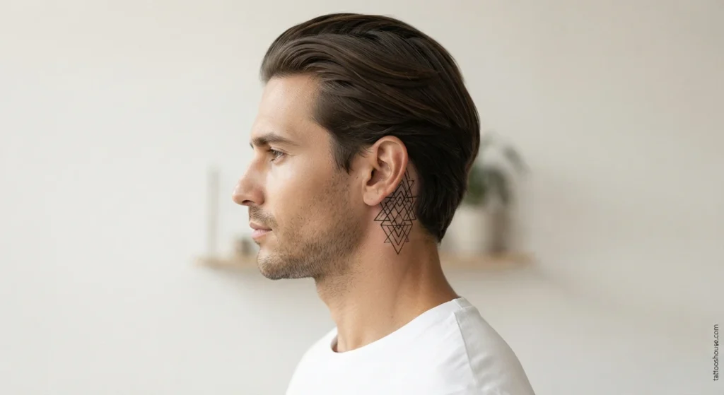 Crisp geometric shapes behind ear tattoo for men with triangles and diamonds on olive skin by tattooshouse.com