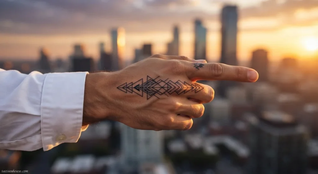 Geometric shapes finger top tattoo for men with triangles on olive skin wide shot by tattooshouse.com
