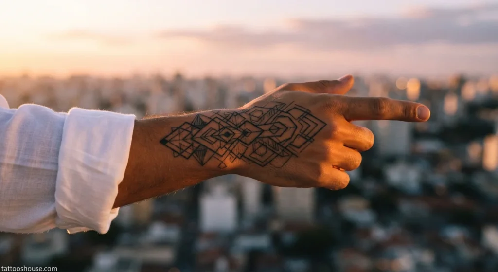 Geometric shapes side hand tattoo for men with triangles on olive skin wide shot by tattooshouse.com