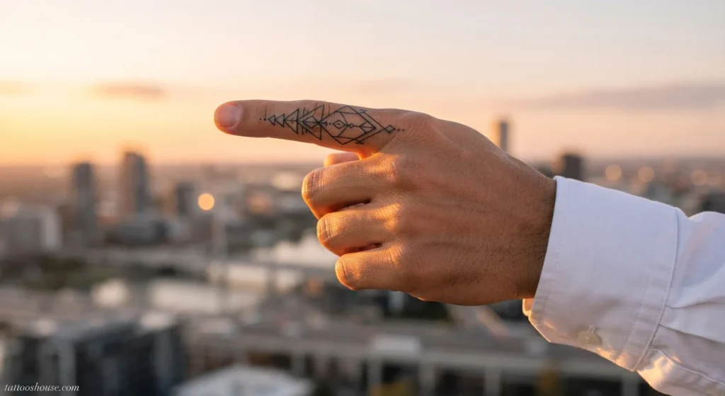 Geometric shapes side finger tattoo for men with triangles on olive skin wide shot by tattooshouse.com