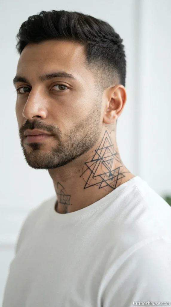Black geometric side neck tattoo for men with clean lines close-up by tattooshouse.com