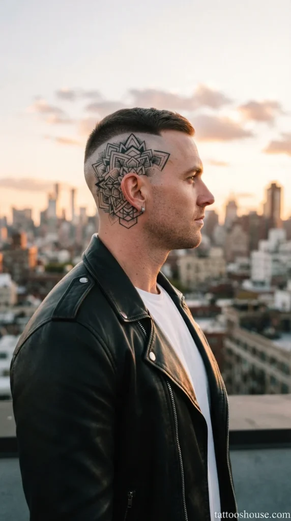 Black geometri chead side temple tattoos for men with clean lines on urban rooftop by tattooshouse.com