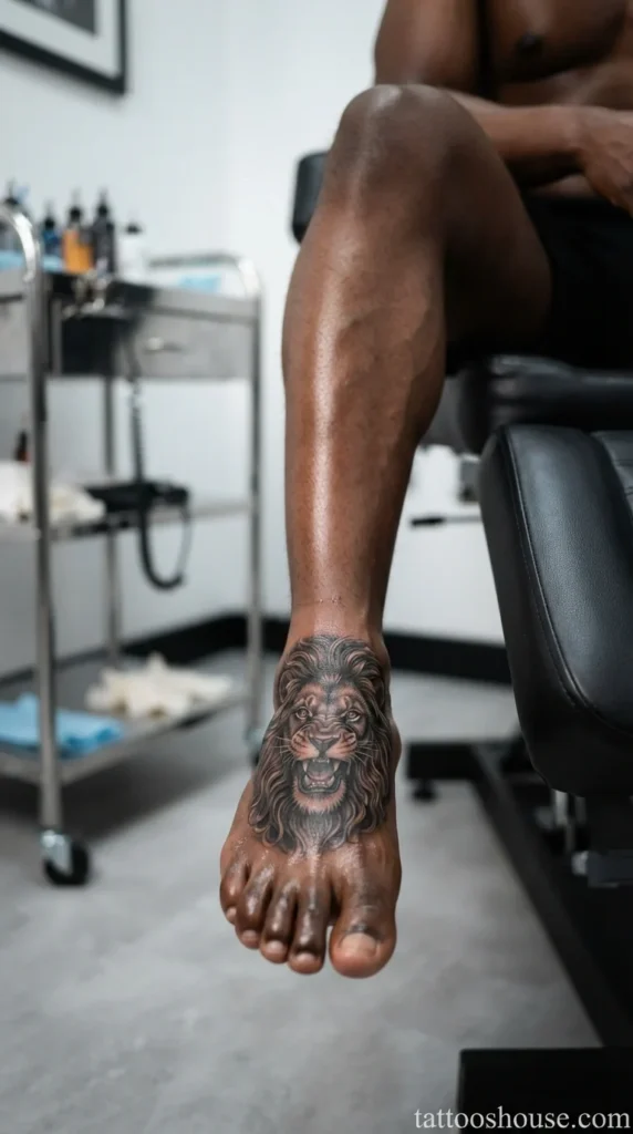 Realistic roaring lion foot tattoo for men in black and grey close-up by tattooshouse.com