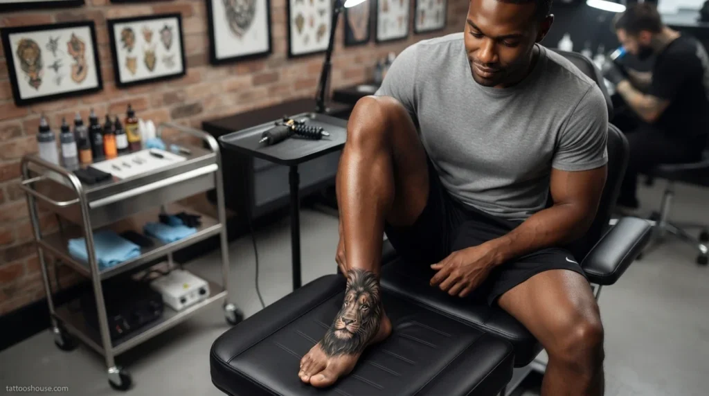 Realistic lion top of foot tattoo for men on dark brown skin medium shot by tattooshouse.com