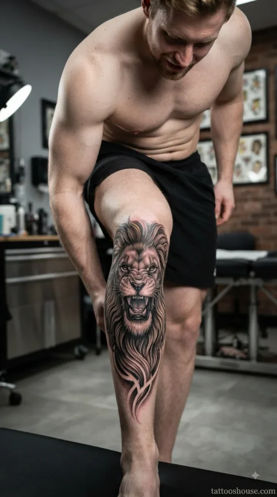 Close-up of realistic roaring lion shin tattoo for men in black and grey with gold highlights on pale leg by tattooshouse.com