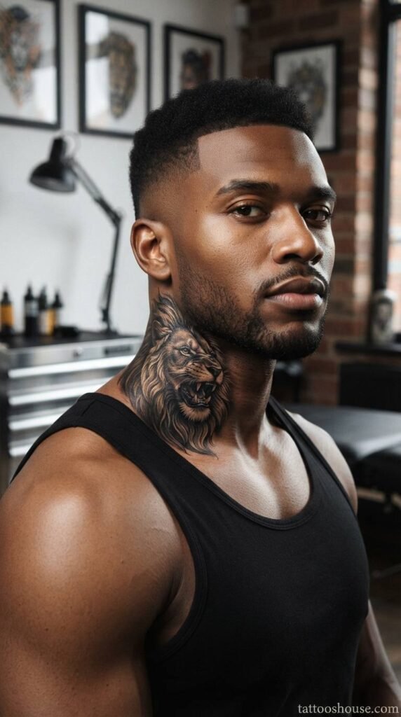 Realistic roaring lion side neck tattoo for men in black and grey by tattooshouse.com