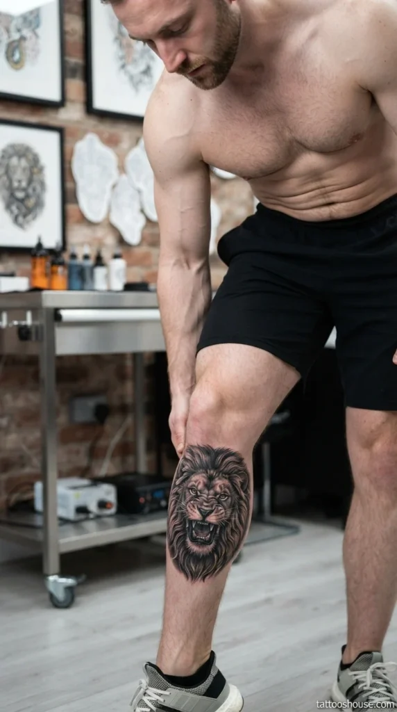 Close-up of realistic roaring lion calf tattoo for men in black and grey with gold highlights on muscular pale leg by tattooshouse.com