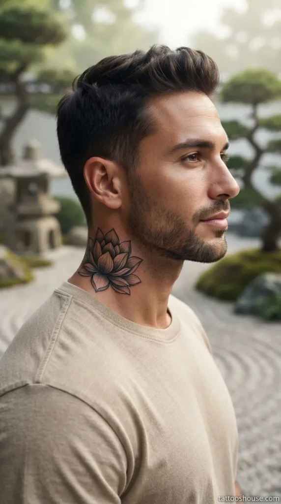Black and grey lotus side neck tattoo for men with layered petals by tattooshouse.com