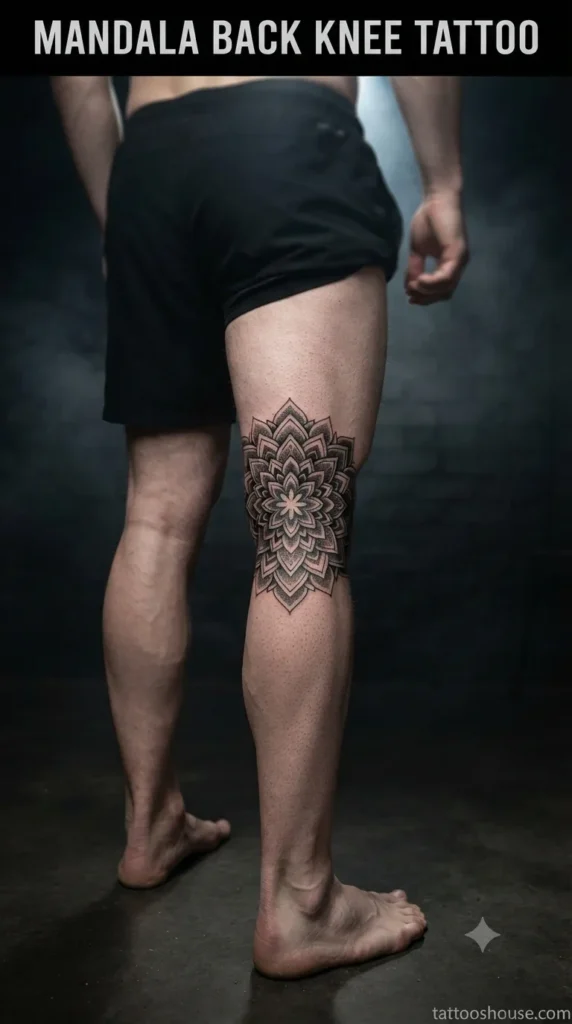 Mandala back of knee tattoo for men on pale leg in dark studio by tattooshouse.com