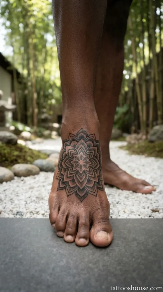 Black mandala foot tattoo for men with intricate dotwork close-up by tattooshouse.com