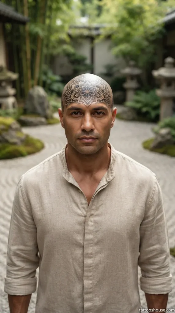 Intricate mandala full head tattoo for men with dotwork on zen garden by tattooshouse.com