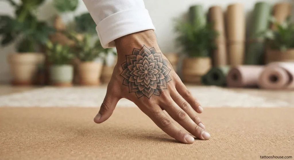 Intricate mandala hand tattoo for men with dotwork on olive skin by tattooshouse.com