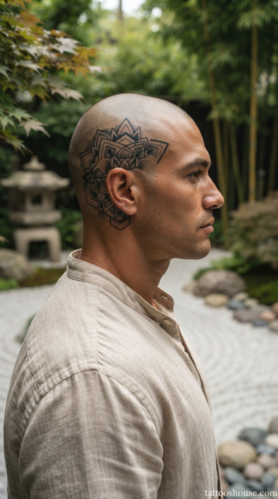 Intricate mandala temple tattoo for men with dotwork on zen garden by tattooshouse.com