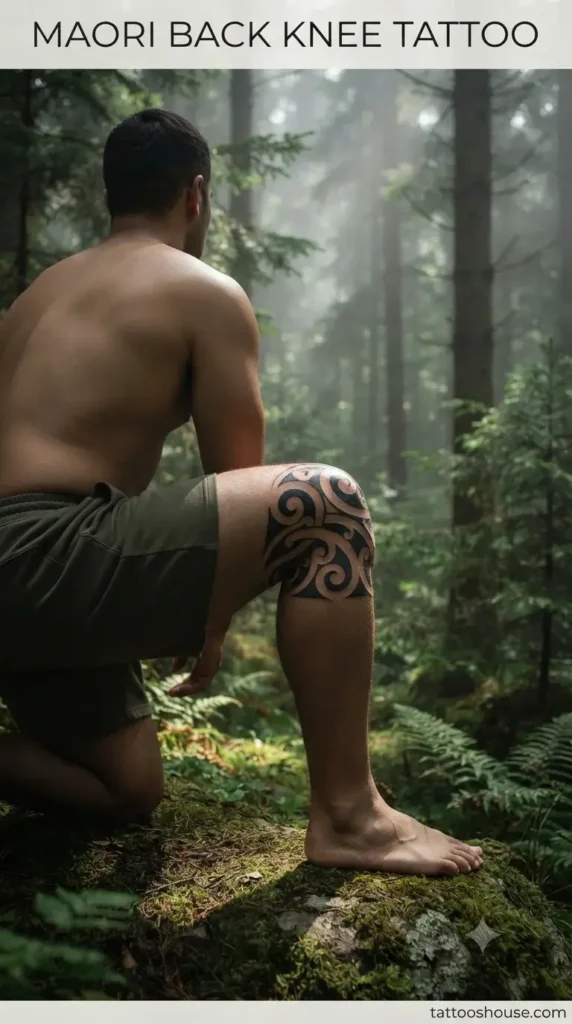 Maori inspired back of knee tattoo for men on olive leg in forest by tattooshouse.com