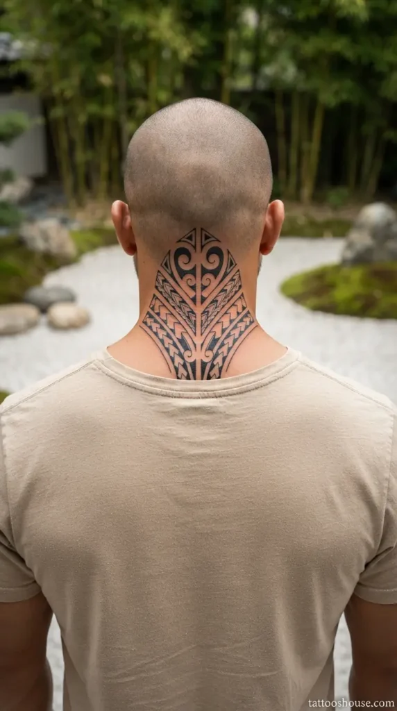 Maori-inspired back neck tattoo for men with koru patterns on tan skin by tattooshouse.com