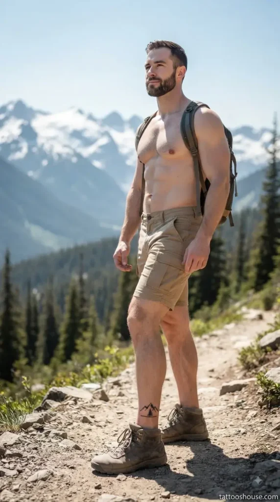 Black mountain silhouette ankle tattoo for men on mountain trail wide shot by tattooshouse.com